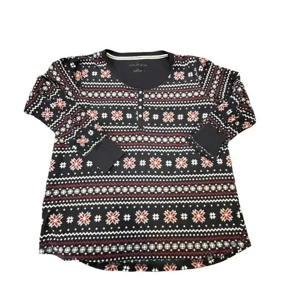 Nautica Sleepwear Two-Piece Set Women Large Cozy Night Winter Fair Isle Blue